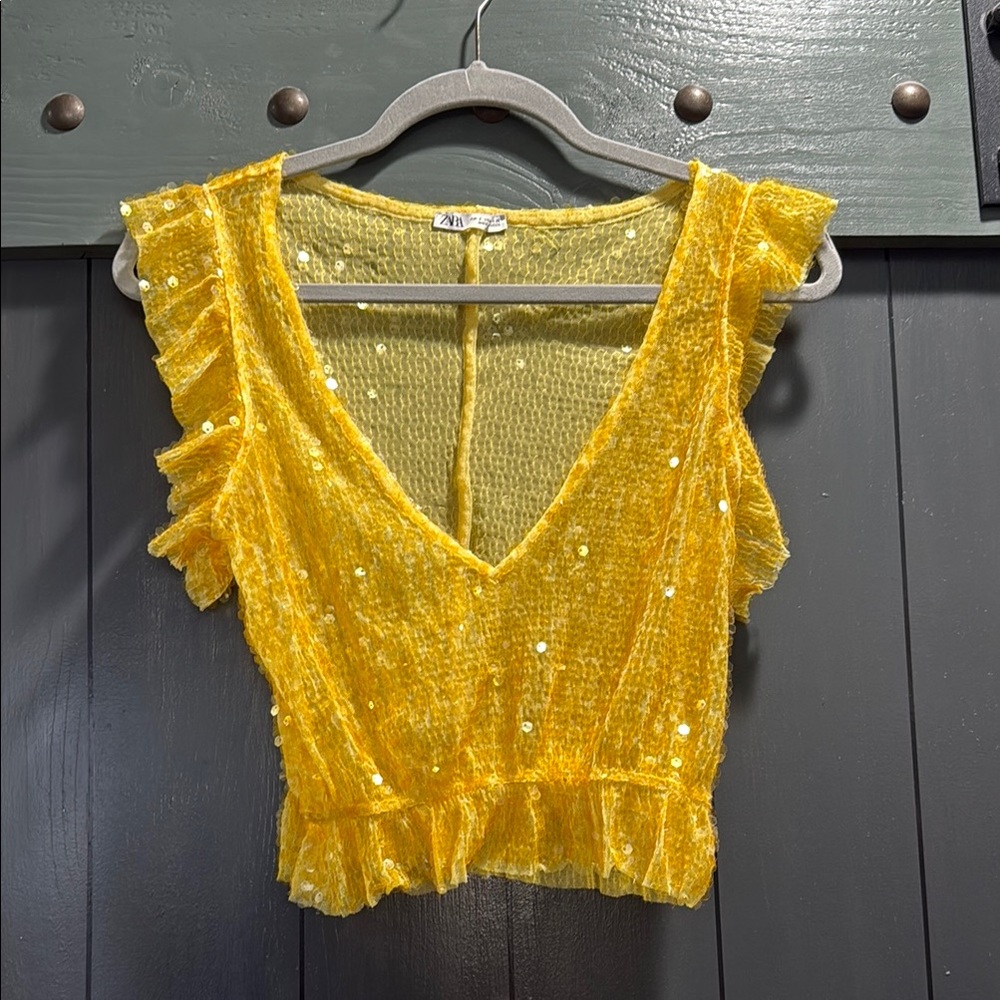 Yellow Ruffled Sequin Top